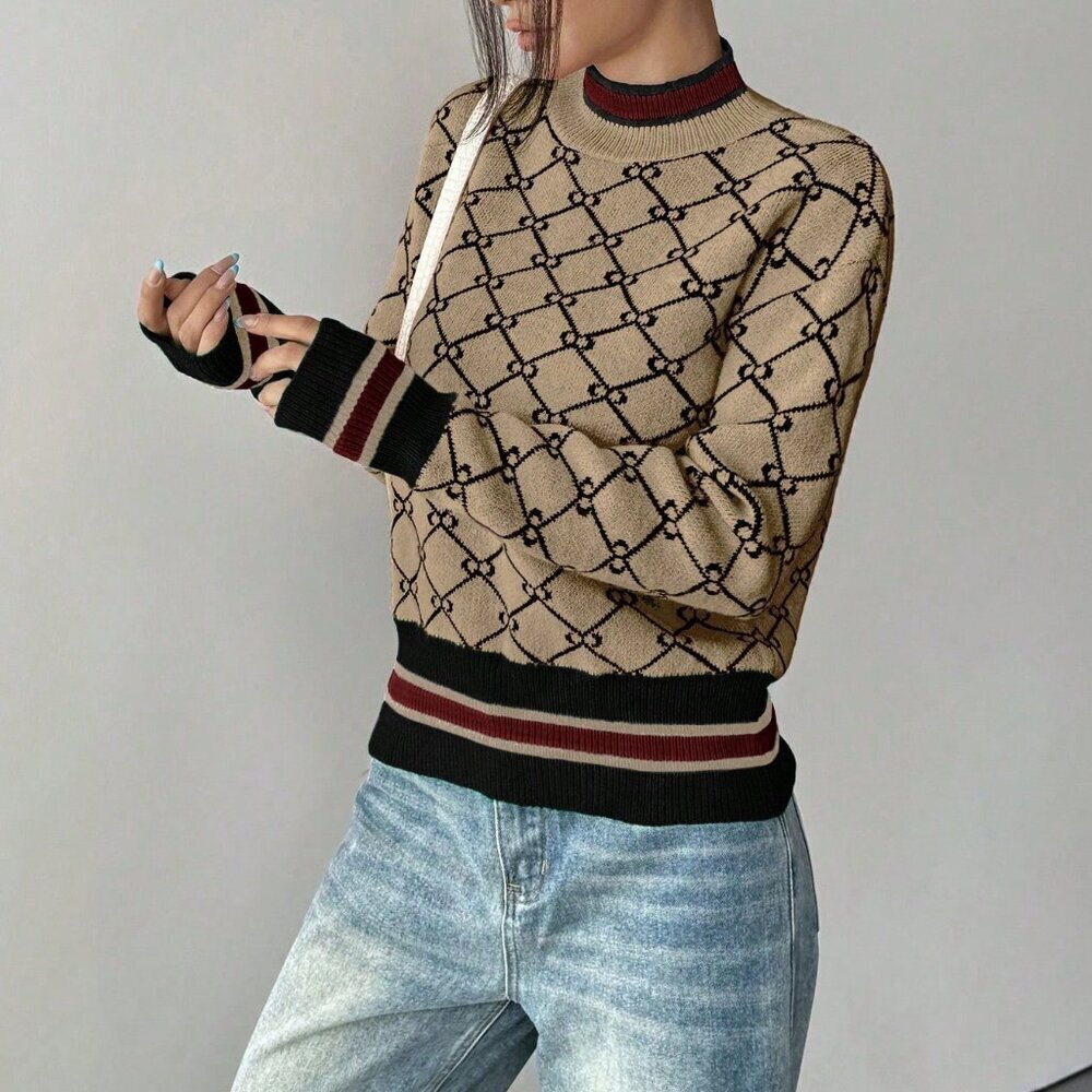 Khaki Casual Women's Geometric Embroidery Crew Neck Sweater - Picture 3 of 6